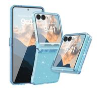 FABSPARK Case for Samsung Galaxy Z Flip 7 Built-in Screen Protector,Hinge Protection,Sparkly Bling Glitter Crystal Clear Transparent Slim Fit Acrylic Hard PC for Samsung Z Flip 7 Case,Glitter Blue