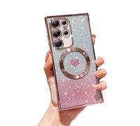 FABSPARK for Samsung Galaxy S25 Plus Phone Case,Compatible with Magsafe,Magnetic Plating Glitter Gradient Cute Heart Clear Case,Camera Protection for Samsung Galaxy S25 Plus,Pink