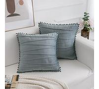 FabThing Set 0f 2 Throw Pillows Covers Decorative with Pompoms Stripe Velvet Cushion Covers Covers Soft Coach Sofa Chair Home 16x16 Inches Grey Blue