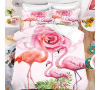 FABTOP Flamingo Bed Linen 135 x 200 cm Pink Flamingo Duvet Cover Cute Animal Flowers Flamingo Decor Duvet Cover Set Girls Tropical Pink Flamingo (3.140 x 210 cm)