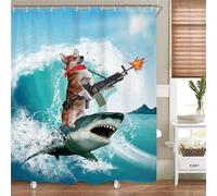 FABTOP Funny Shower Curtain, 180 x 180 cm, Cool Cat Riding Shark Shower Curtains, 3D Shark Fish Bath Curtain, Sea Motif, Shark Whale Shower Curtains, Waterproof (2.180 x 180 cm)