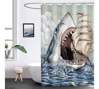 FABTOP Funny Shower Curtain, 180 x 180 cm, Cool Cat Riding Shark Shower Curtains, 3D Shark Fish Bath Curtain, Sea Motif, Shark Whale Shower Curtains, Waterproof (5.180 x 200 cm)