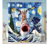 FABTOP Funny Shower Curtain, 180 x 180 cm, Cool Cat Riding Shark Shower Curtains, 3D Shark Fish Bath Curtain, Sea Motif, Shark Whale Shower Curtains, Waterproof (1.120 x 200 cm)