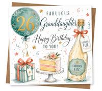 Fabulous 26th Birthday Card for Granddaughter, Happy Birthday to You, Cake, Gift and Fizz Bottle Design, Stylish Celebration Greeting Card