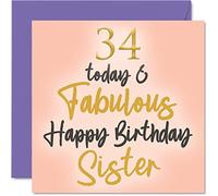 Fabulous 34th Birthday Cards for Sister - 34 Today & Fabulous - Happy Birthday Card for Sister from Brother, Little Gifts, 145mm Sibling Greeting Cards Gift