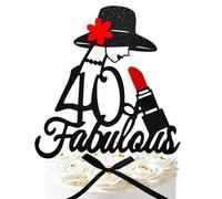 Fabulous 40 Happy Birthday Cake topper- Red Flower Hat, Red Lipstick, Black Bow Knot,Hello 40 Makeup, Cheers to 40 cake decoration for Elegant Woman Birthday Party Supply.