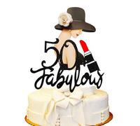 Fabulous 50 Happy Birthday Cake topper- 3D White Flower Hat, Red Lipstick, Hello 50 Makeup, Cheers to 50th Elegant Girl/Woman Birthday Party Supply.