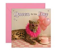 Fabulous Birthday Card - “Queen for the Day” Leopard with Tiara - Greetings for Her, Friends, Sister, Colleagues, Bestie, BFF, Girlfriend, Fiance, Wife, Women, Girls - Glam - Comes with Stickers