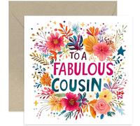 Fabulous Cousin Card, Beautiful Bold and Colourful Artwork, Stars and Floral Accents, Premium Desiged Gifts for Her - Leaving, Farewell, Miss You Thanks, Birthday Card for Female Cousin
