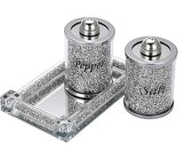 Fabulous Diamond Crushed & Crystal Filled Salt & Pepper Canisters with Tray, Set of 3, Glass, 20cm