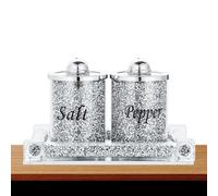 Fabulous Diamond Crushed & Crystal Filled Set of Salt & Pepper Storage CANISTERS with Tray- Unique Collection to Your Kitchen Decore