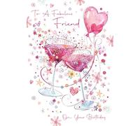 Fabulous Friend Female Birthday Card with Envelope, Beautiful design with cocktail glasses & Balloons, Gold Foil details