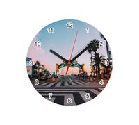 Fabulous Glass Wall Clock - Santa Monica Beach Los Angeles California Palm Trees - Diameter 20 cm - White