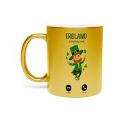 Fabulous Gold Chrome Ceramic Mug - Ireland Is Calling Me Leprechaun Clover Myth - 11oz
