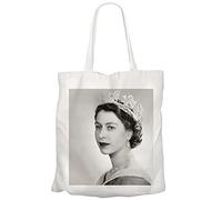Fabulous Large Canvas Tote Shopping Bag Queen Elizabeth II Portrait Young Queen of England Black and White Vintage