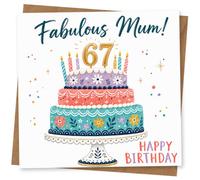 Fabulous Mum 67th Birthday Card, Colourful Tiered Cake Design, Happy Birthday Card for Mum