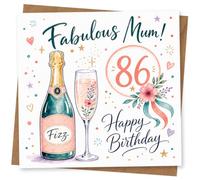 Fabulous Mum 86th Birthday Card with Champagne Bottle and Glass Design, Happy Birthday Greeting Card for Mum