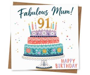 Fabulous Mum 91st Birthday Card for Mum, Colourful Cake Design and Happy Birthday Message
