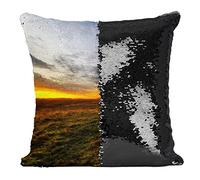Fabulous Sequin Cushion Cover Black Man in front of His Cabin in front of the Sunrise on the Plain