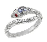 Fabulous Solid Sterling Silver Natural Tanzanite & Ruby Detailed Snake Ring - Size Z
