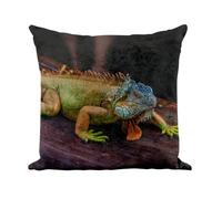 Fabulous White Faux Leather Cushion with Green Iguana with Blue Head Wildlife Animal Life 40 x 40 cm - Leather Feel - Cover and Cushion Included