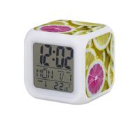 Fabulous White Luminous Cube Alarm Clock - Lemon and Pink Dishes - Fresh Food - 8 x 8 x 8 cm - Retro Multi-Coloured LED Lighting