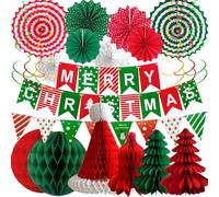Fabuloustrim Merry Christmas Decorations Banners, 22 Piece Paper Hanging Ceiling Christmas Decorations for Indoor Party, Christmas Bunting Honeycomb for Xmas Party Decorations