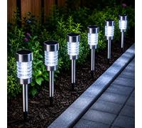 Fabulouz Solar Stake Lights for Outdoor Garden, 6 Pack Pathway Lights with Stainless Steel Stake and Glass Bollard Top, Cool White LED, Auto On/Off, Rechargeable Battery Included