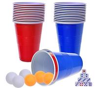 Faburo Beer Pong Set, Drinking Games for Adults, Beer Pong Game Set 16oz Blue & Red Plastic Beer Pong Cups and Balls for American Party Games,Birthday Parties and Office(30 Cups,6 Balls, 10 Dice)