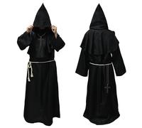 Faburo Halloween Cosplay Costume Cloak, Halloween Costumes for Men, Halloween Cosplay Sets, Medieval Monk Robe with Cotton Linen Waist Rope and Wooden Cross Necklaces, Adult Priest Robe.（M Size）