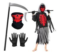Faburo Halloween Costume Children Boys Grim Reaper Children Set with Scythe Skeleton Face Mask Gloves, Zombie Horror Costume for Halloween Carnival Party Role Play (M)