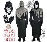 Faburo Halloween Costume Men's Skeleton Horror Costume with Face Mask Gloves & 25 Tattoo Face, Zombie Costume Adult Unisex for Halloween Carnival