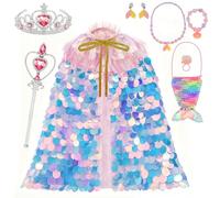 Faburo Mermaid Princess Cape Children Girls Costume Kids Fancy Dress Box with Wand Crown Necklace for Halloween Christmas Carnival Birthday Cosplay Party Fancy Dress Girls