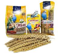 Fabylz Mart Budgie Food bundle of Budgie Seed Mix & Budgie Treats containing Menu 500g x1, Fruit Cocktail 200g x1, Kracker Trio Mix Egg Apricot Honey 3 Sticks and Budgie Millet Spray x6