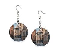 Facade Architecture Urban Image Wooden Earrings for Women, Vintage Elegant Wood Jewelry, Lightweight Earrings for Wedding, Party, Everyday Jewelry Gift, Circular, Wood, wood