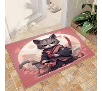 FACADUP Anime Cat Area Rugs 50x80cm Door Mat Japanese Pink Flower Warrior Cat Carpet Hallway Entrance Carpet Anti-Slip Throw Floor Rug for Bathroom Laundry Room Kitchen