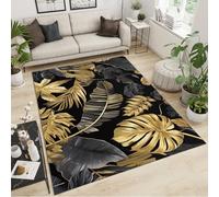 FACADUP Black Washable Rug 150x180cm Gilded Palm Leaves Rugs, Luxury Abstract Black Gold Leaves Rugs, Soft Comfort Low Pile Carpet for Nursery Classroom Dorm Study Office Room Decor