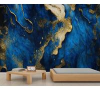 FACADUP Blue Marble Murals, Abstract Irregular Golden Quicksand Marble Wallpaper for Living Room Office 250x175cm Home TV Sofa Background Wall Decor (Not Self-Adhesive)