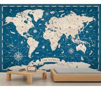 FACADUP Blue World Map Murals, Coastal Landmarks Wall Murals, Old Global Geography Art Wallpaper for Bedroom Living Room 300x210cm Artwork Background Wall Stickers (Not Self-Adhesive)