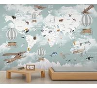 FACADUP Cartoon World Map Murals, Fun Animal Hot Air Balloon Old Airplane Wall Murals, Canvas Print Wallpaper for Living Room Bedroom 300x210cm Artwork Background Wall Stickers (Not Self-Adhesive)