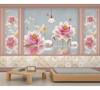 FACADUP Chinese Style Murals Swan Lotus Flowers Murals Vintage Screen Wallpaper for Kids Room Bedroom 99" x 66" Artwork Background Wall Stickers (Not Self-Adhesive)