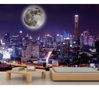 FACADUP City Landscape Murals, Moon Skyscrapers City Buildings Night View Wallpaper for Living Room Office 300x240cm Home TV Sofa Background Wall Decor (Not Self-Adhesive)