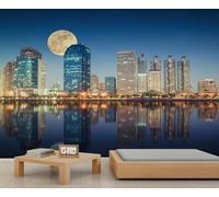 FACADUP City Skyline Murals, Night View Moon Skyscraper Cityscape Downtown Wallpaper for Kids Room Bedroom 300x240cm Home TV Sofa Background Wall Decor (Not Self-Adhesive)
