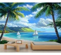 FACADUP Coastal Beach Murals Blue Sky Ocean Wall Murals Tropical Palm Trees Wallpaper for Living Room Bedroom 450x300cm Adhesive Large Wallpaper Stickers (Not Self-Adhesive)