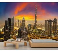 FACADUP Dubai City Scenery Murals, Modern Neon Light Dubai Night Cityscape Wallpaper for Living Room Bedroom 232x158cm Artwork Background Wall Stickers (Not Self-Adhesive)
