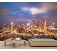 FACADUP Dubai Cityscape Murals, Modern Neon Light Skyscraper Cityscape Wallpaper for Living Room Bedroom 250x175cm Home TV Sofa Background Wall Decor (Not Self-Adhesive)
