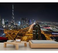 FACADUP Dubai Night View Murals, Dubai Burj Khalifa Skyscrapers City Skyline Wallpaper for Living Room Bedroom 300x240cm Home TV Sofa Background Wall Decor (Not Self-Adhesive)