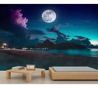 FACADUP Full Moon The Coast Murals, Night Sky Clouds Coastline Landscape Wallpaper for Living Room Bedroom 150x105cm Home TV Sofa Background Wall Decor (Not Self-Adhesive)