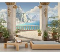 FACADUP Garden Terrace Murals Italy Scenery Murals Seaside Coast Wallpaper for Kids Room Bedroom 99" x 66" Artwork Background Wall Stickers (Not Self-Adhesive)