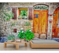 FACADUP Italy Old City Town Murals, Medieval Village Wallpaper Old Wall Flower Plants Murals for Living Room Bedroom 400x280cm Home TV Sofa Background Wall Decor (Not Self-Adhesive)